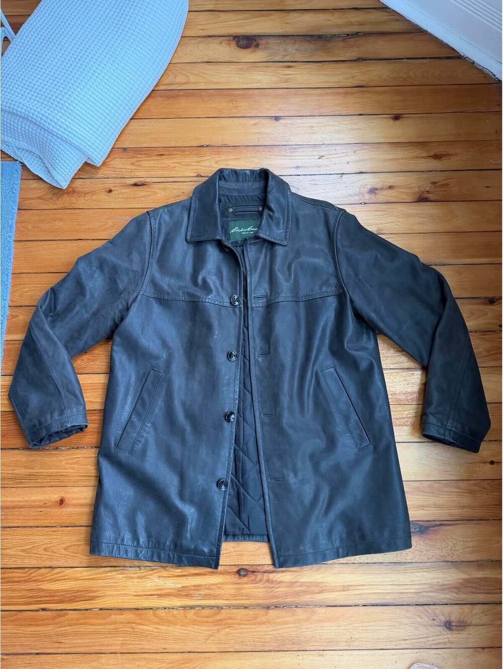Eddie Bauer Men's Leather Quilted Jacket Button Front Collar Winter LARGE